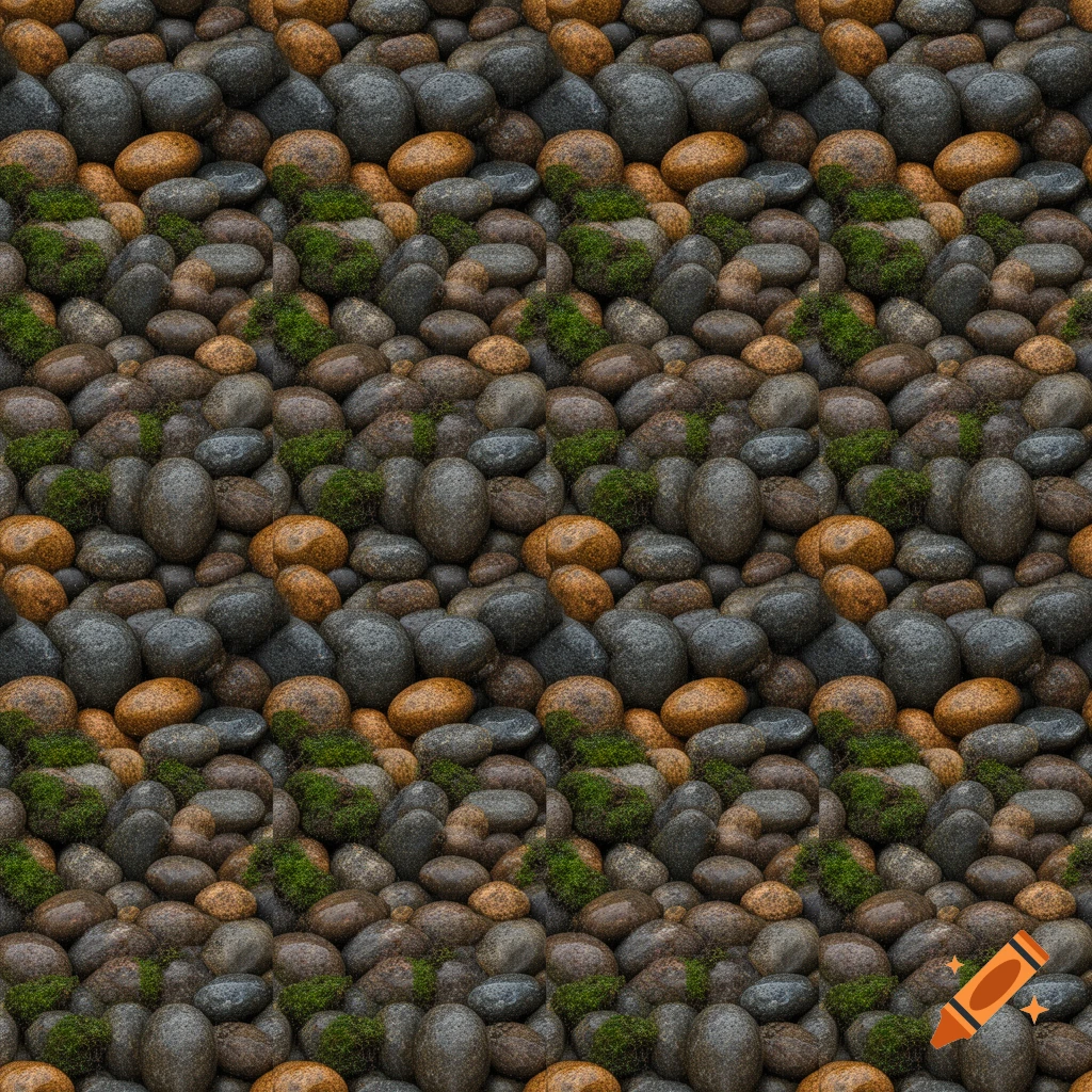 Seamless pattern of smooth river rocks in shades of grey and brown, interspersed with green moss.