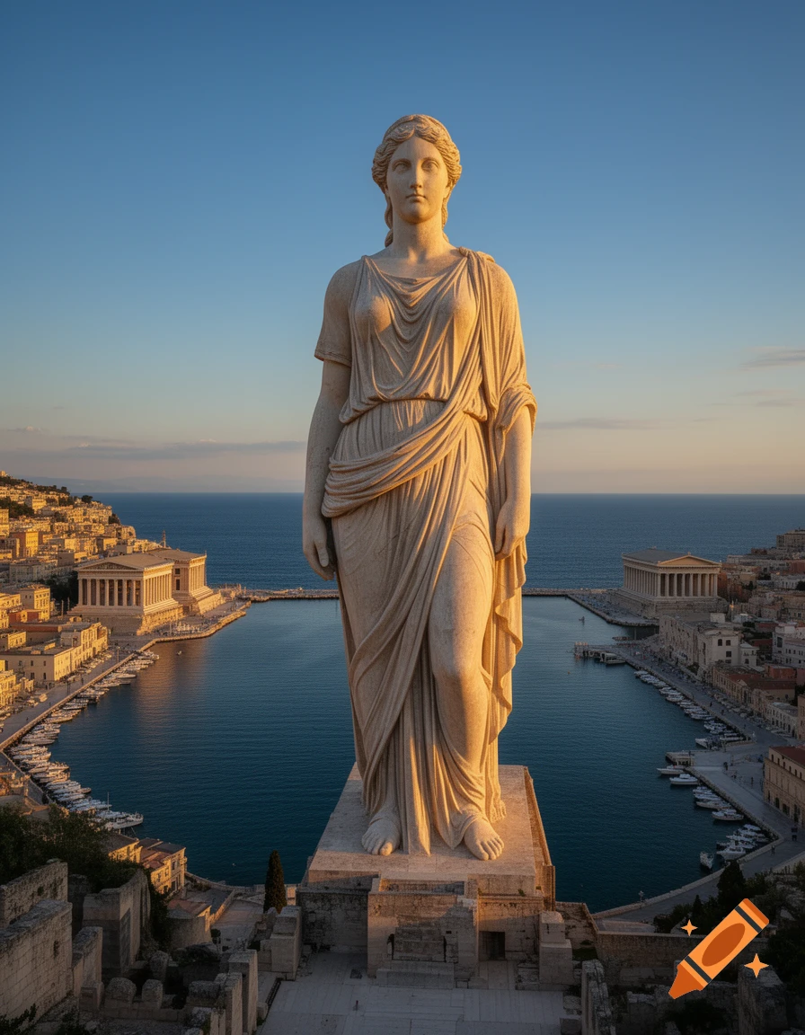 Colossal stone statue of a robed woman overlooking an ancient coastal city with a harbor full of boats at sunset.