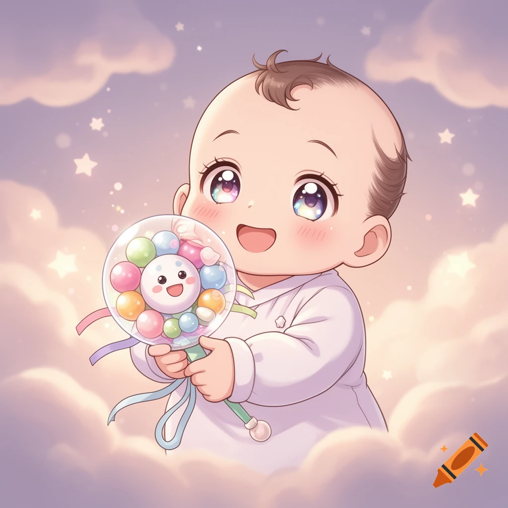 Anime style baby with big sparkly eyes, smiling and holding a colorful rattle, against a soft pastel sky with clouds and stars.