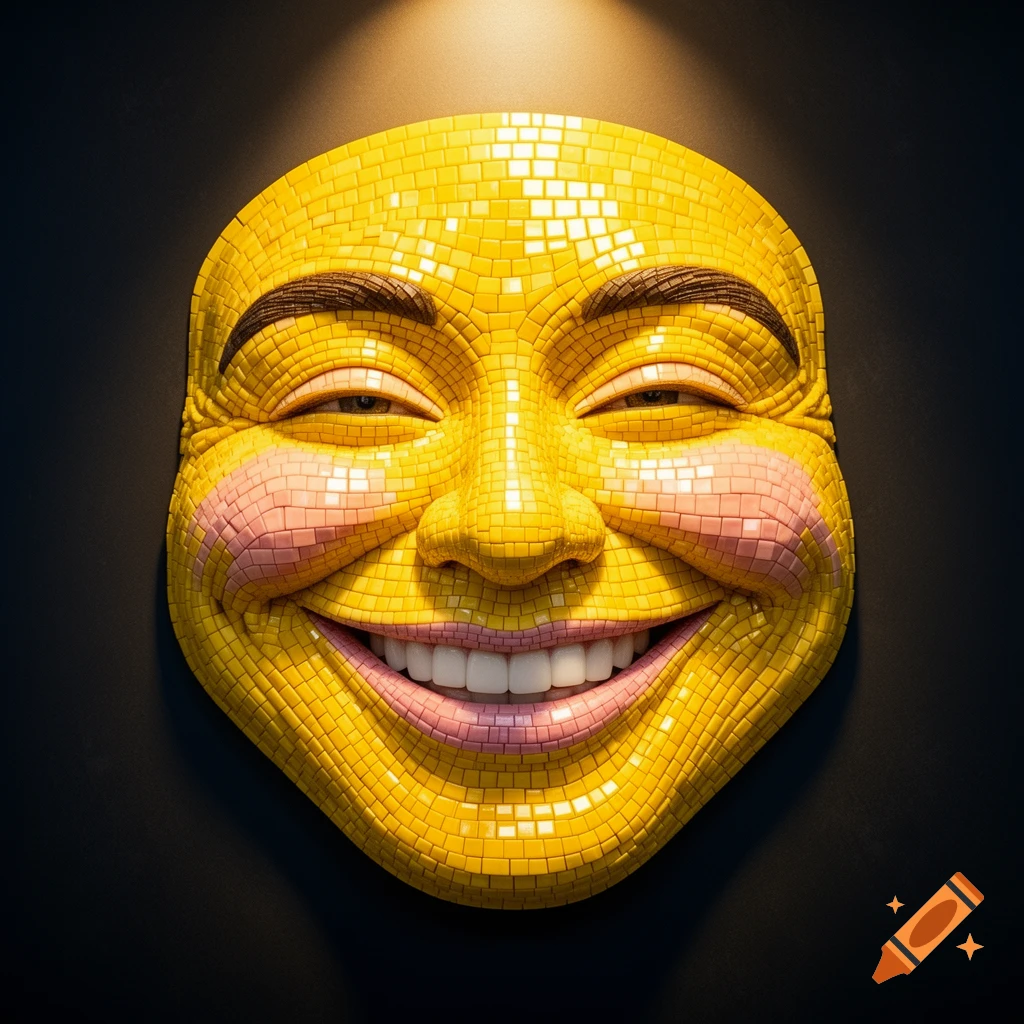 A cheerful, smiling face depicted as a yellow and pink mosaic art piece with subtle overhead lighting on a dark background.