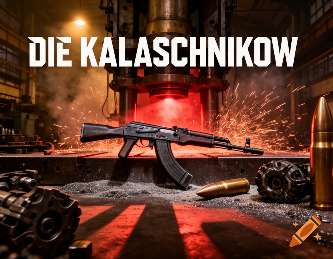 An AK-47 rifle and large bullets on a workbench in a dark, smoky industrial factory with sparks, text 'DIE KALASCHNIKOW'.