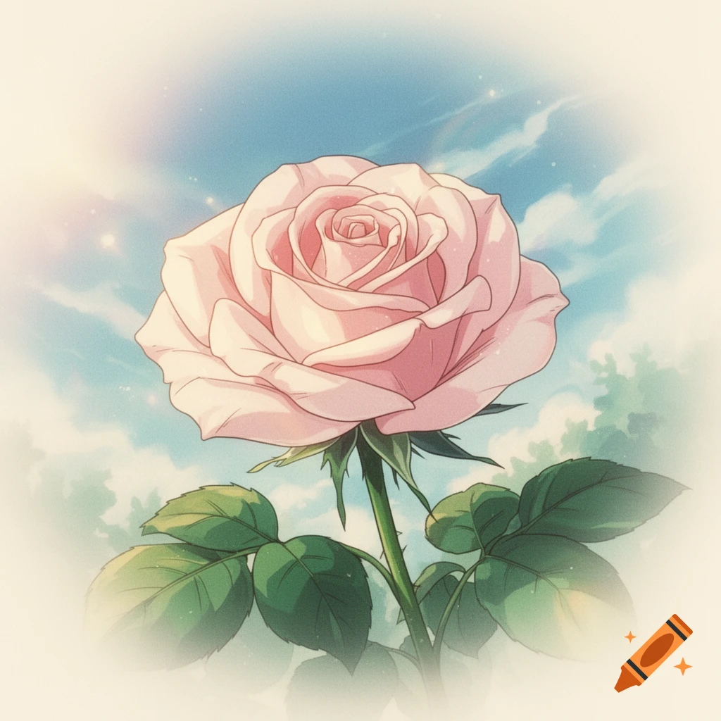 A soft pink anime rose with green leaves against a light blue sky with clouds, in a 90s romantic style.