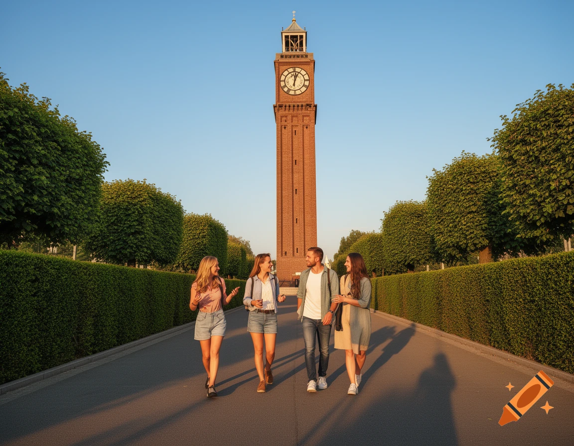 Four friends walk on an asphalt path lined with hedges towards a tall brick clock tower under a clear sky.