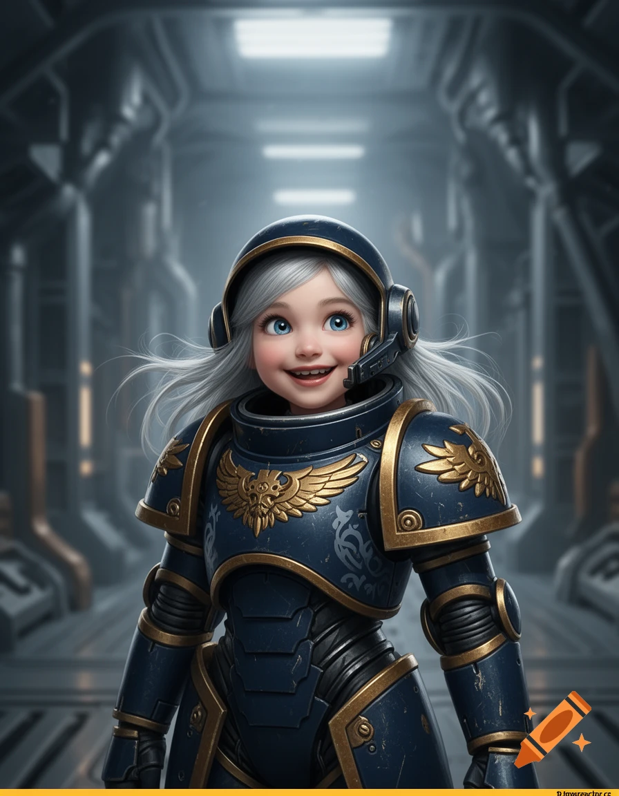 A cute chibi girl in blue and gold futuristic armor with silver hair and blue eyes smiles in a spaceship corridor.