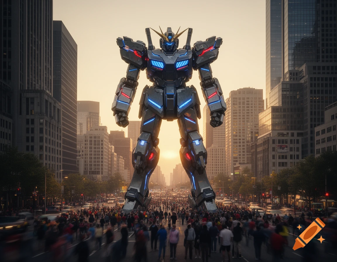 A giant, detailed gray mecha robot with blue and red glowing lights stands in a crowded city street at sunset.