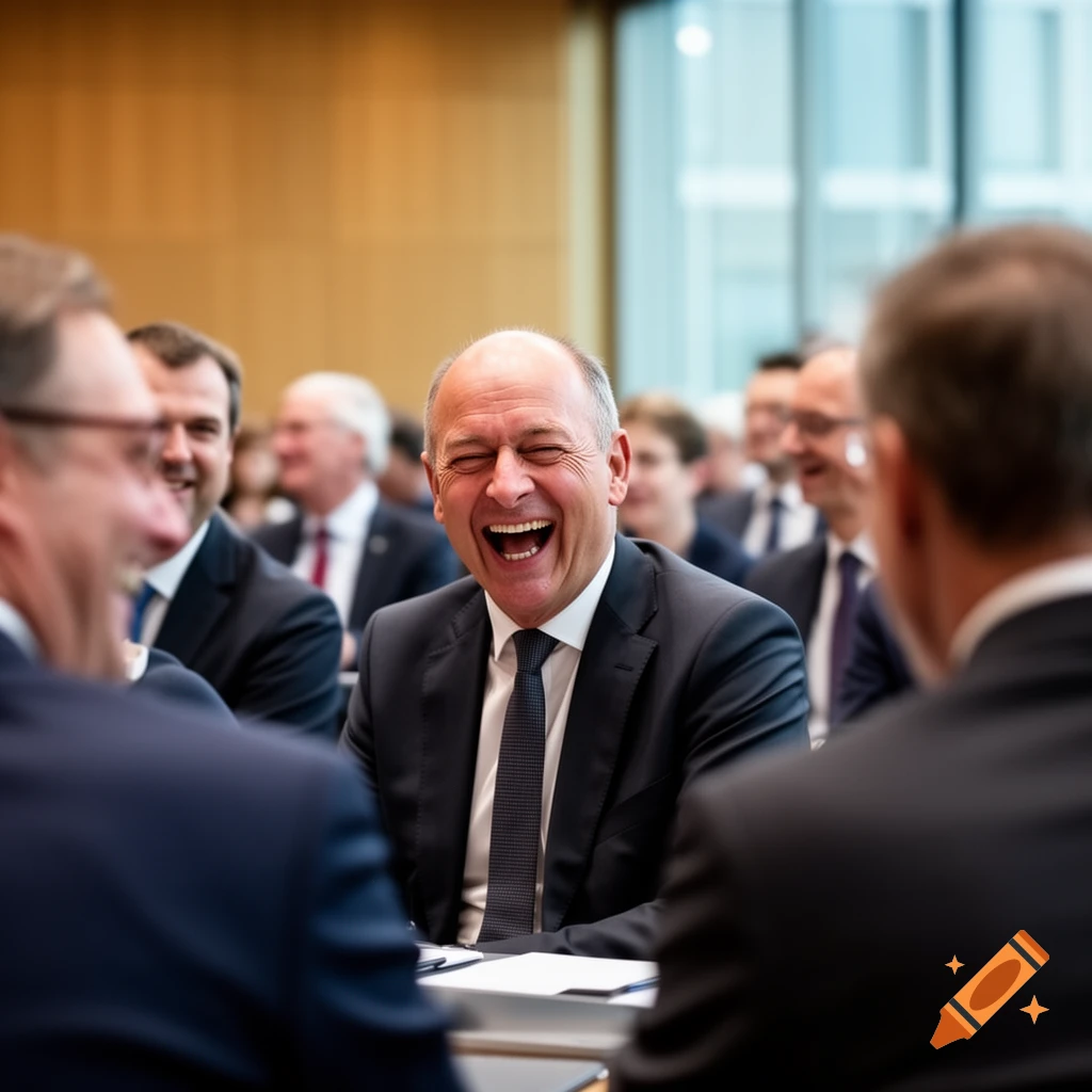 A man in a suit laughs heartily, head tilted back, surrounded by other people at a business meeting.