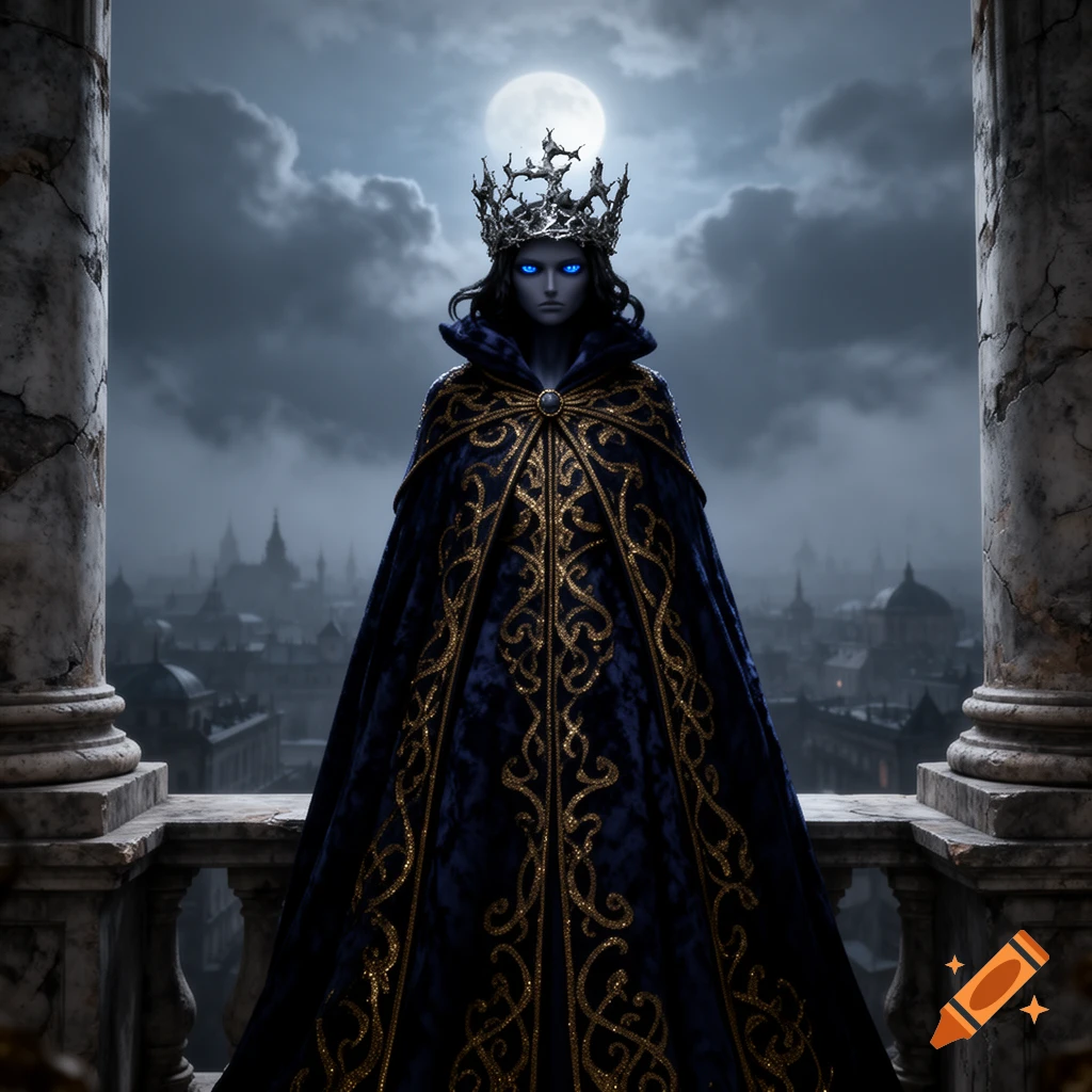 A dark fantasy monarch with glowing blue eyes and a spiky crown stands on a balcony overlooking a city at night under a full moon.