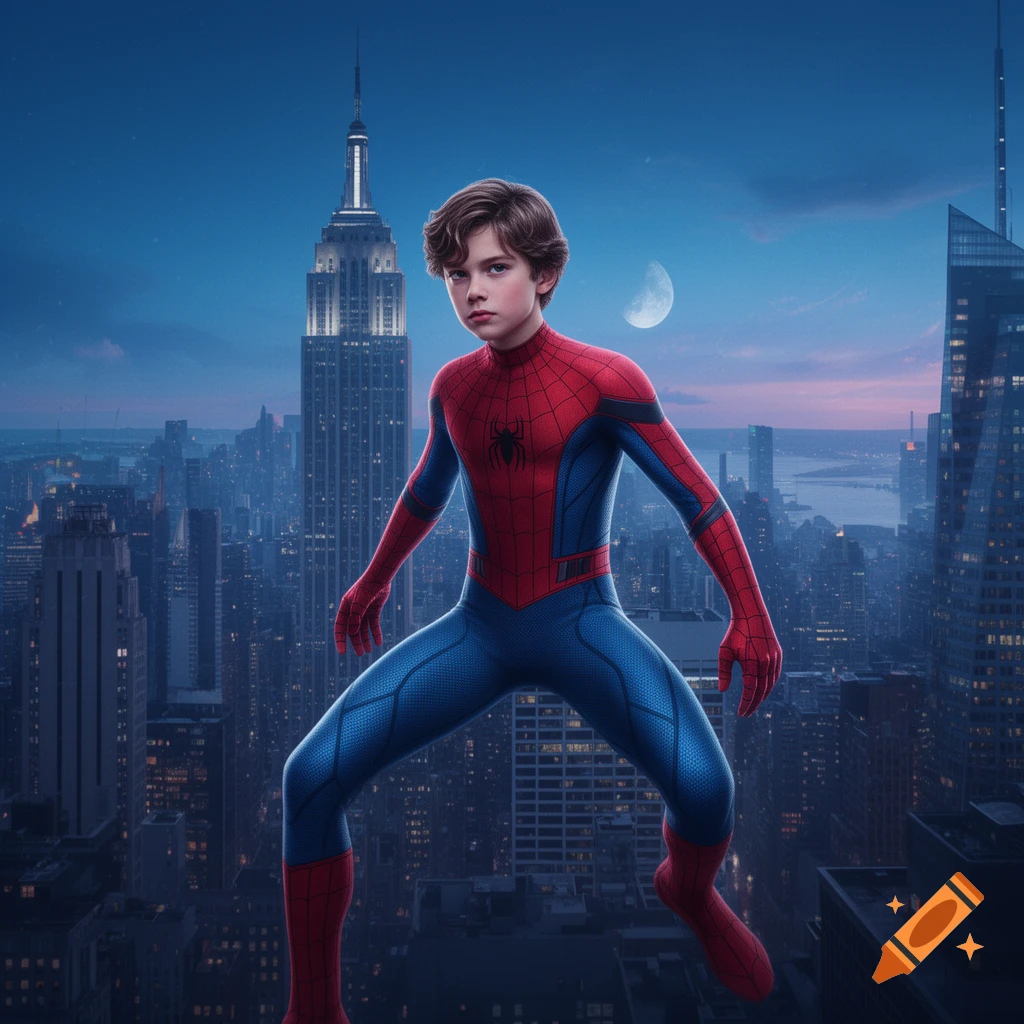 A young boy dressed as Spider-Man poses atop a building with a city skyline and crescent moon in the background, photorealistic style.