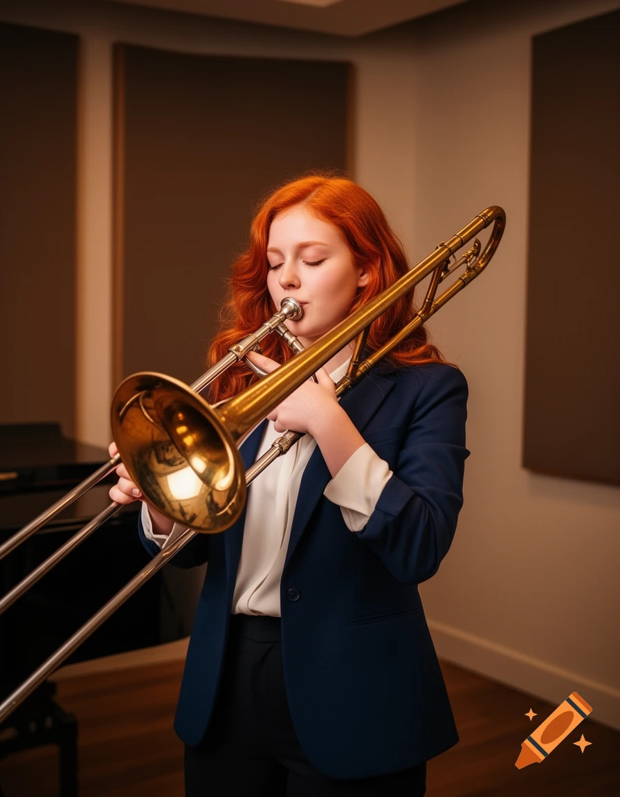 A photorealistic image of a red-haired woman with closed eyes playing a trombone in a music studio.