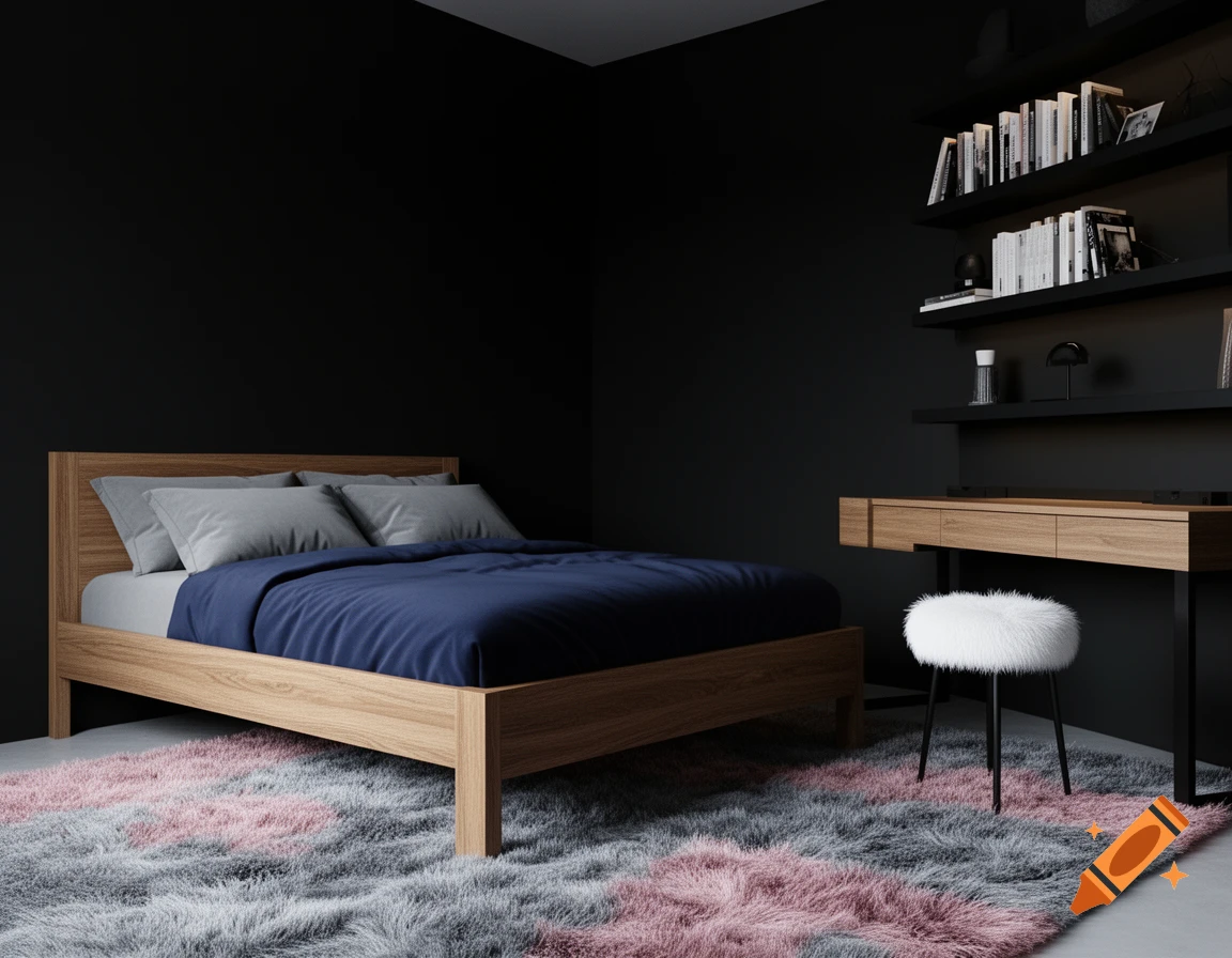 A modern bedroom with a wooden bed, navy comforter, gray pillows, and a gray and pink fluffy rug. Black walls and floating shelves with a wooden desk and white fluffy stool.
