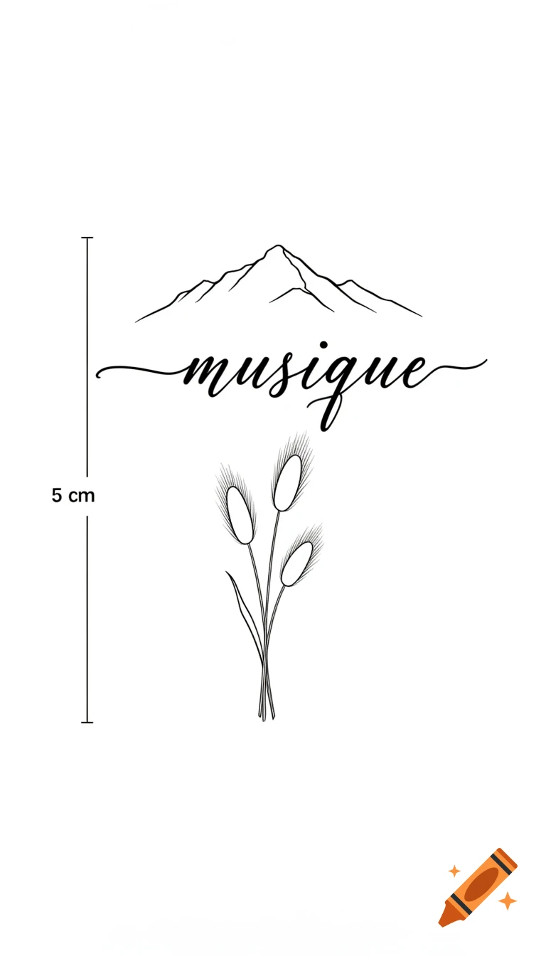 Minimalist black line art tattoo design featuring mountains, the word "musique", and bunny tail grass.