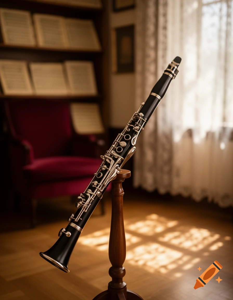 A black clarinet with silver keys stands on a wooden peg in a sunlit room with bookshelves and a red armchair.