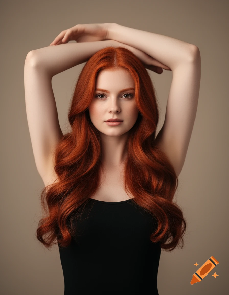 Photorealistic portrait of a redhead woman with long wavy hair, wearing a black top, arms raised above her head.