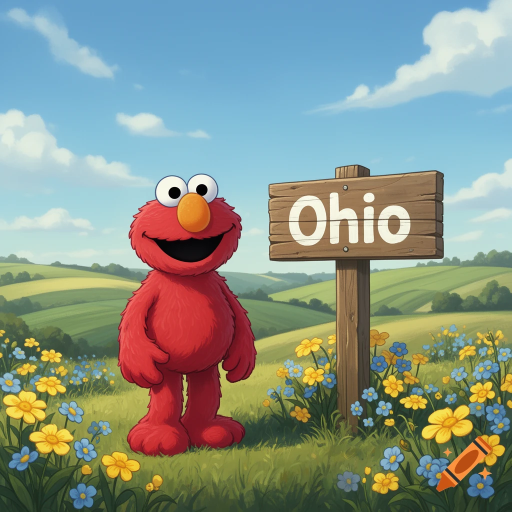 Red furry Elmo stands smiling next to a wooden sign that says "Ohio" in a vibrant green field with yellow and blue flowers under a blue sky.