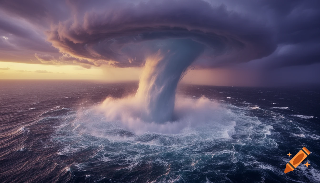 A massive, photorealistic water tornado, or maelstrom, rises from a stormy ocean under a sky with purple and yellow light.