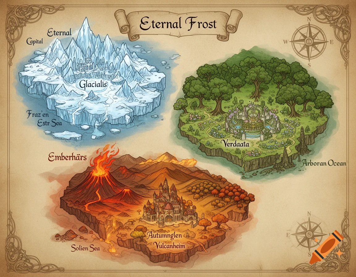 A stylized 2D fantasy map featuring three islands with distinct biomes: a frozen land, a lush forest, and a volcanic region, all labeled with fantasy names and surrounded by seas and oceans.