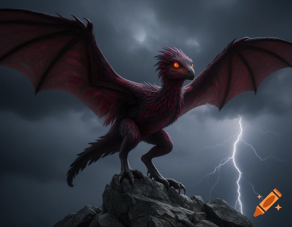 A menacing dark red raptor-like creature with glowing orange eyes and large wings stands on a rocky peak under a stormy, lightning-filled sky.
