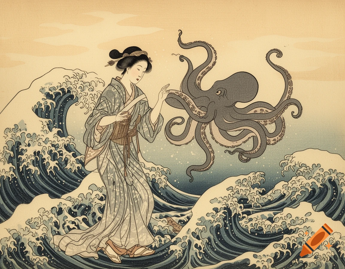 A traditional Japanese ukiyo-e woodblock print of a woman in a kimono gently touching a stylized octopus amidst large ocean waves.
