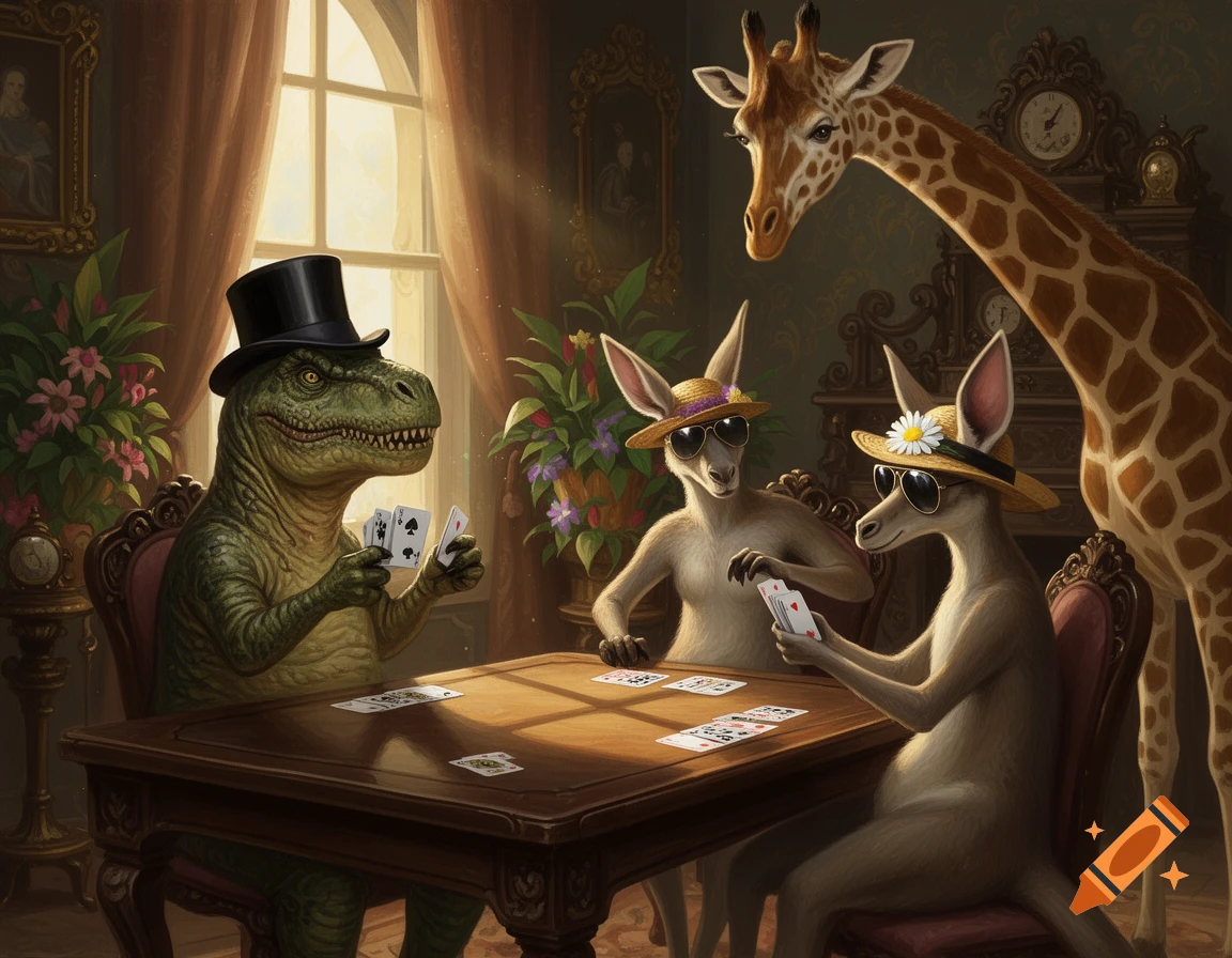 A T-Rex in a top hat, two kangaroos in hats and sunglasses, and a giraffe play cards at an elegant wooden table.