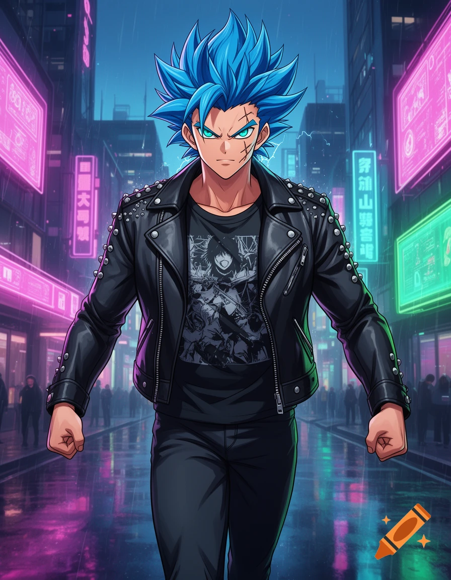 Anime character with blue spiky hair in a studded leather jacket walks a rainy cyberpunk street with neon signs.