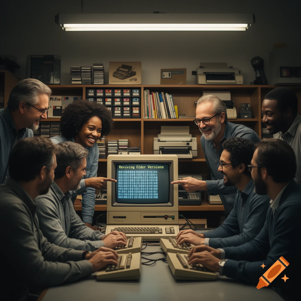 A diverse group of smiling people gathered around a vintage computer screen displaying 'Reviving Older Versions' and binary code in a retro office.