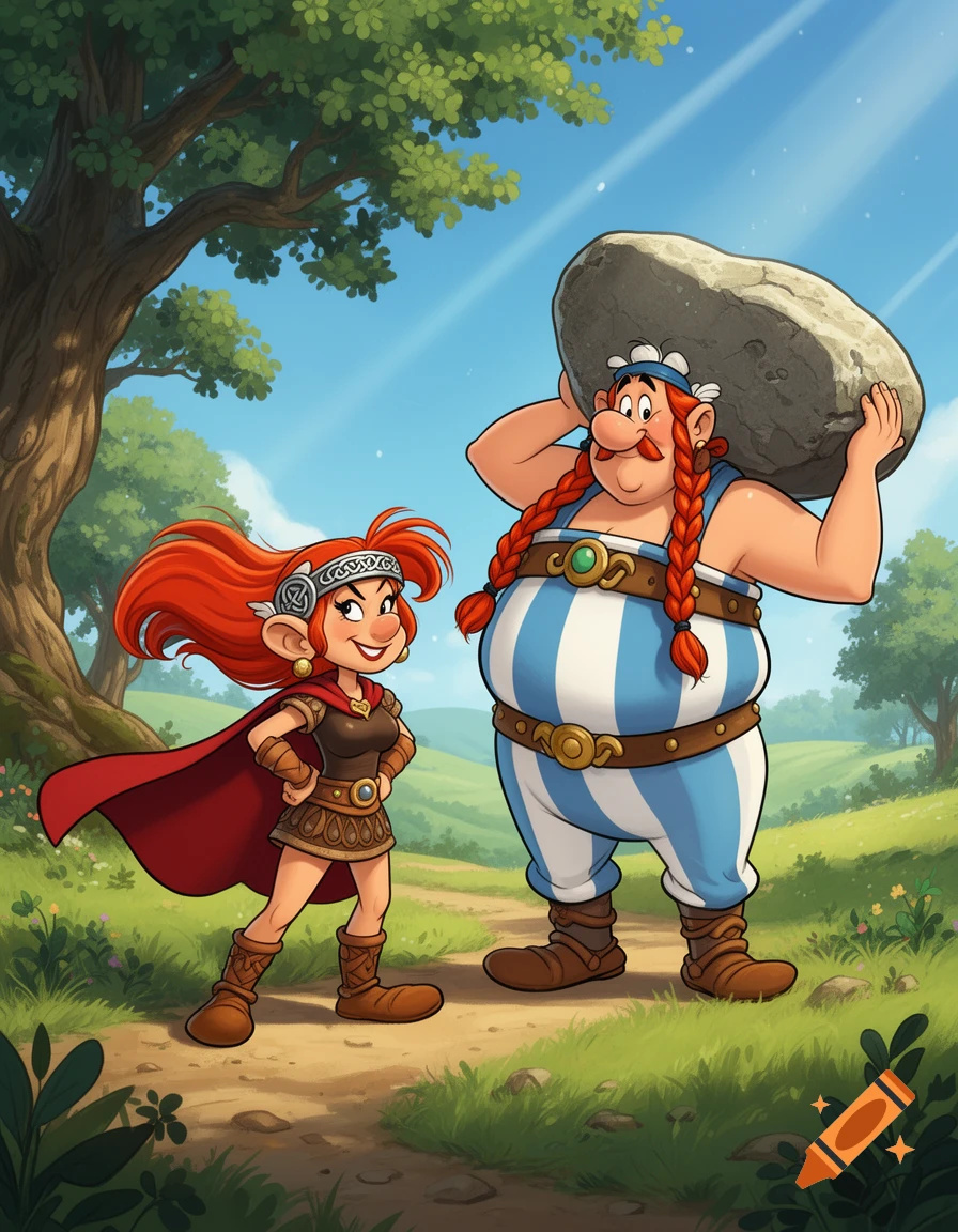 Two female cartoon characters, one small with red hair and a red cape, the other large carrying a boulder, on a sunny path.