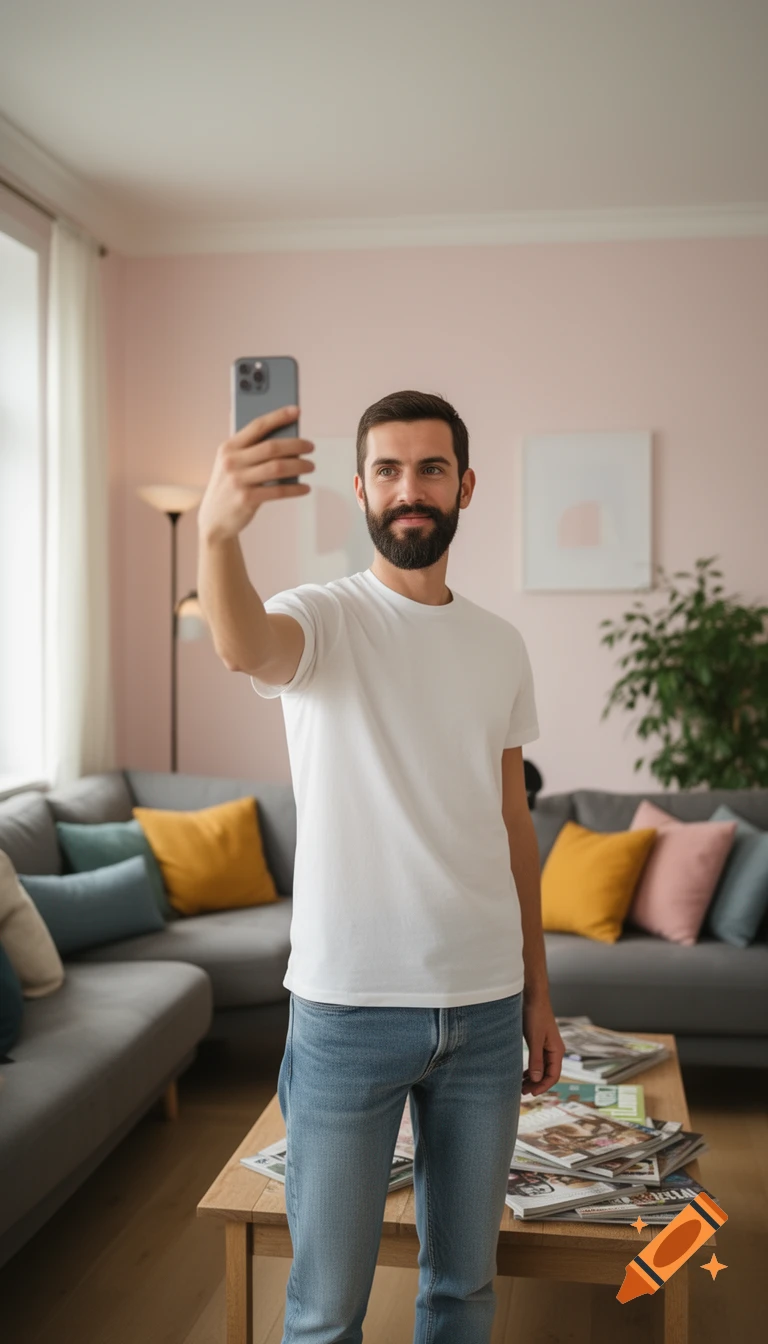 A bearded man in a white t-shirt and jeans takes a selfie with his smartphone in a modern living room.