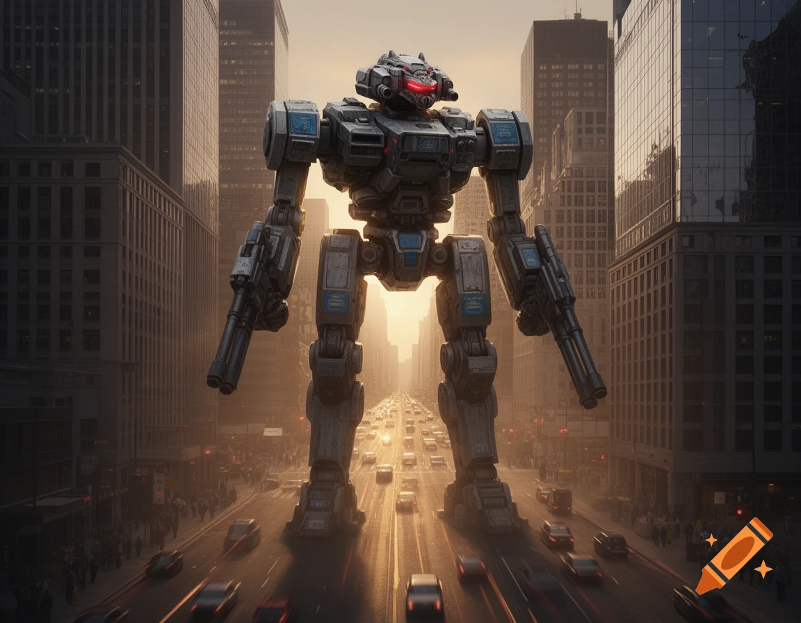 A giant sci-fi mech with glowing red eyes stands on a busy city street at sunset, surrounded by skyscrapers and cars.