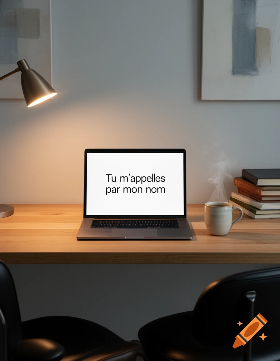 A photorealistic image of a laptop displaying the text 'Tu m'appelles par mon nom' on a wooden desk, next to a steaming mug, stacked books, and a desk lamp.