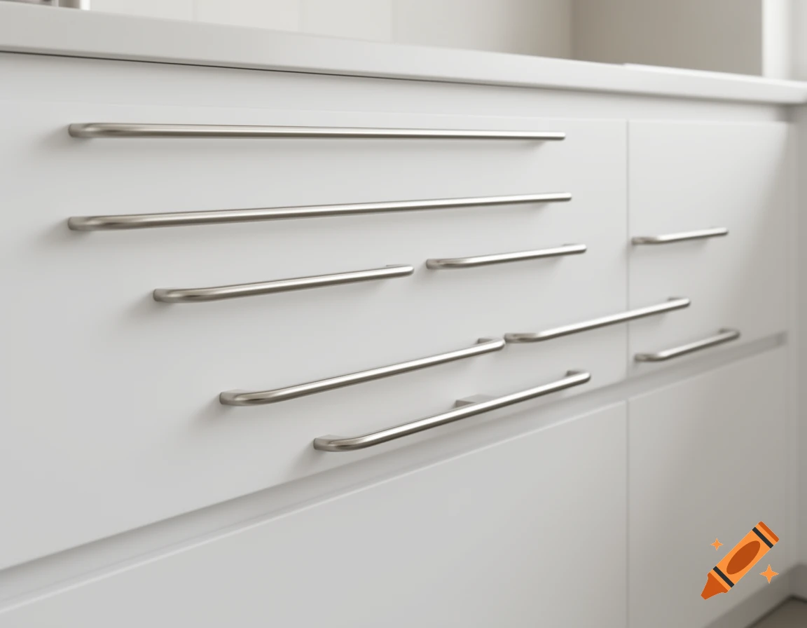 A close-up of a white cabinet drawer front with multiple stainless steel bar handles of varying lengths.