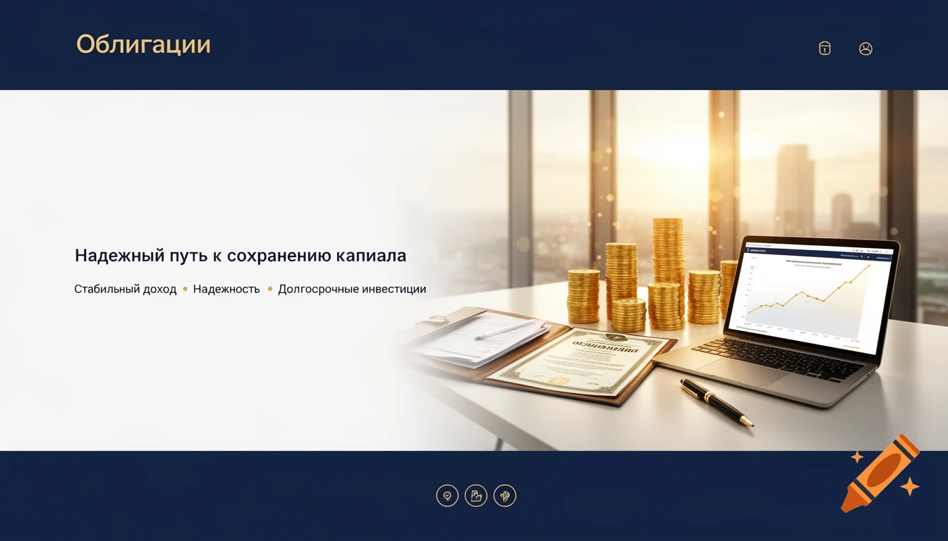 A premium hero banner for a financial services website, showing stacks of gold coins, documents, a certificate, a laptop with a growth graph, and a pen on a desk in a modern office with panoramic windows and soft sunlight. Text on the left reads "Reliable way to save capital" and "Stable income • Reliability • Long-term investments."