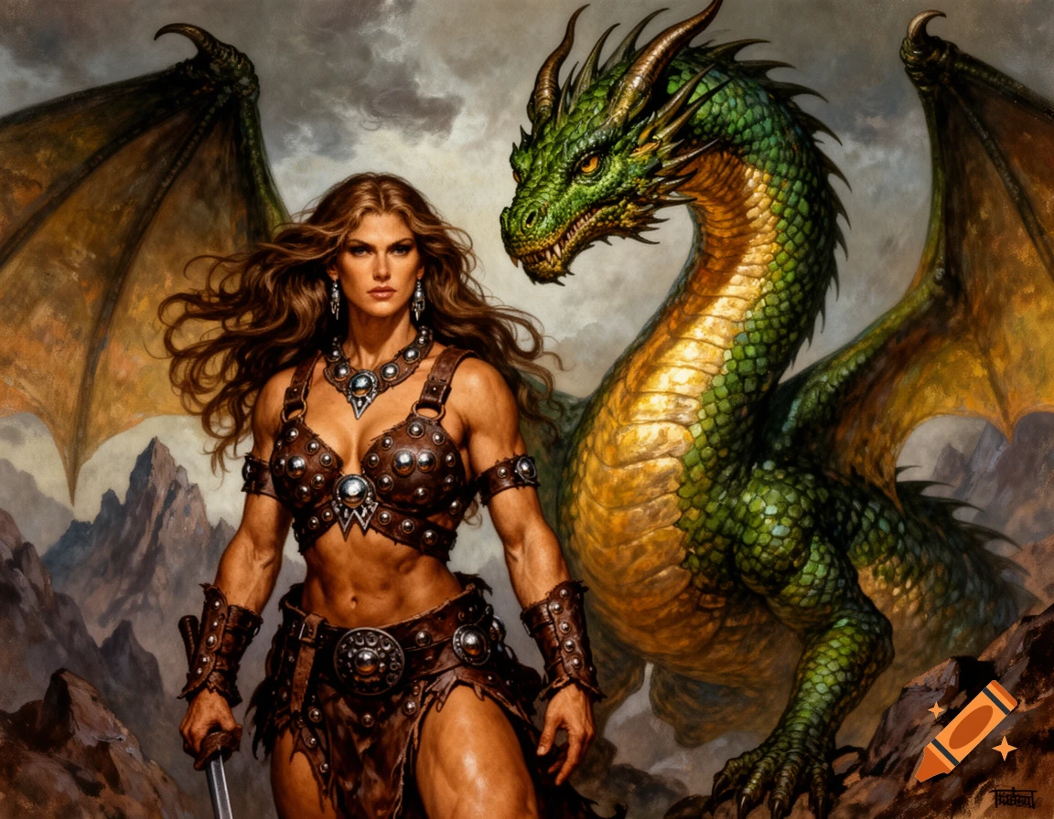 A powerful female barbarian in leather armor stands beside a large green and gold dragon against a rocky, cloudy backdrop, Frazetta style.