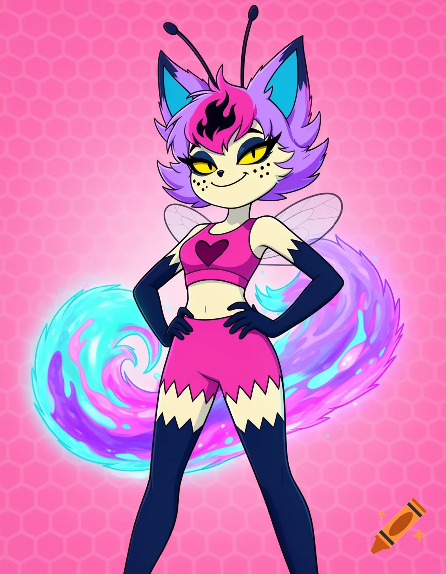 Cartoon anthropomorphic bee-fox character with purple hair, yellow eyes, wings, and a glowing tail, in a pink crop top and shorts, against a pink honeycomb background.
