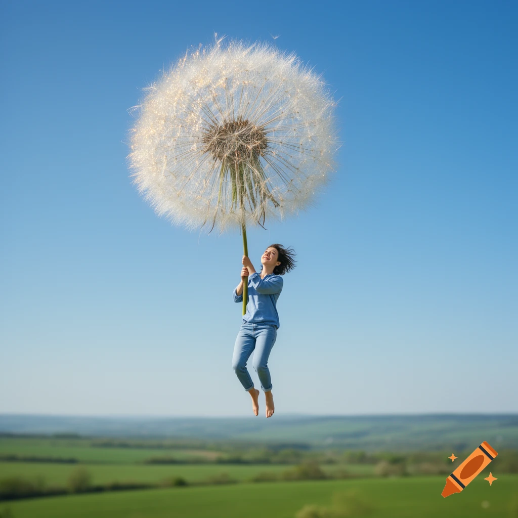 A woman joyfully floats with a giant dandelion puff against a clear blue sky and green landscape.