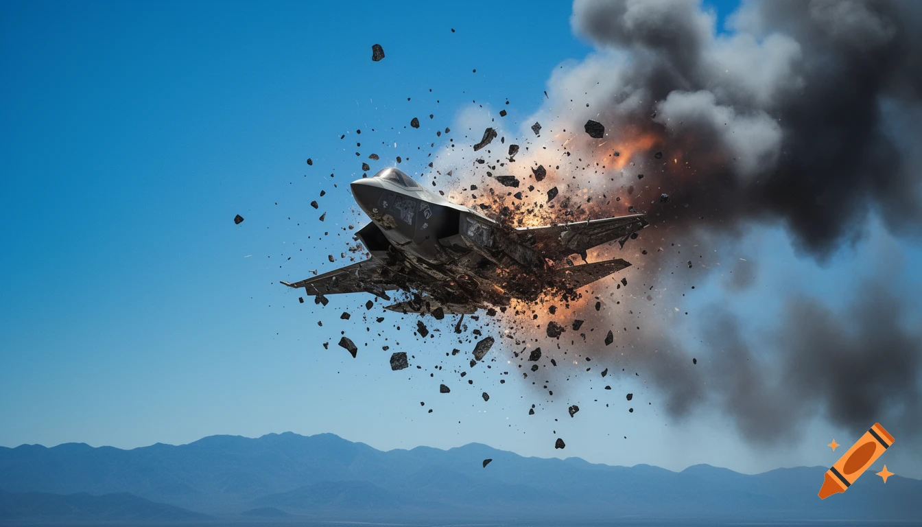 Photorealistic image of a gray F-35 fighter jet exploding mid-air with smoke and debris against a blue sky over mountains.