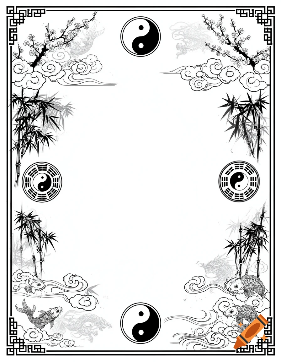 Black and white decorative border with Chinese elements including bamboo, plum blossoms, koi fish, dragons, clouds, and Yin-Yang symbols, with a large empty center.