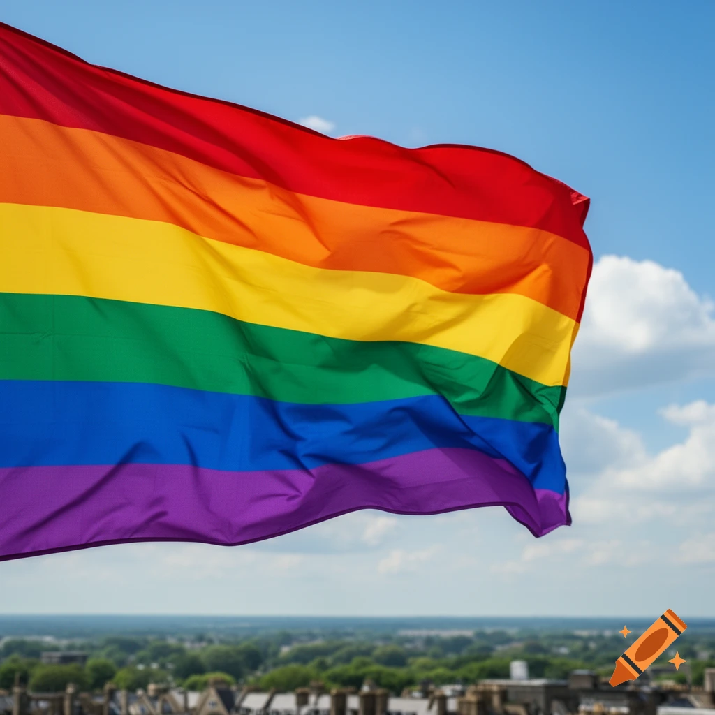 A vibrant rainbow flag, representing the LGBTQ+ community, waves against a clear blue sky over a blurred cityscape.