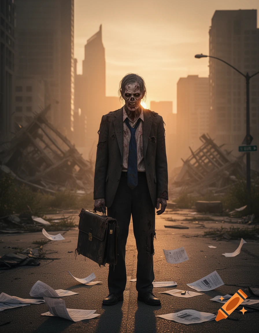 A zombie in a tattered business suit stands in a ruined city at sunset, holding a briefcase with papers scattered on the street. Photorealistic.