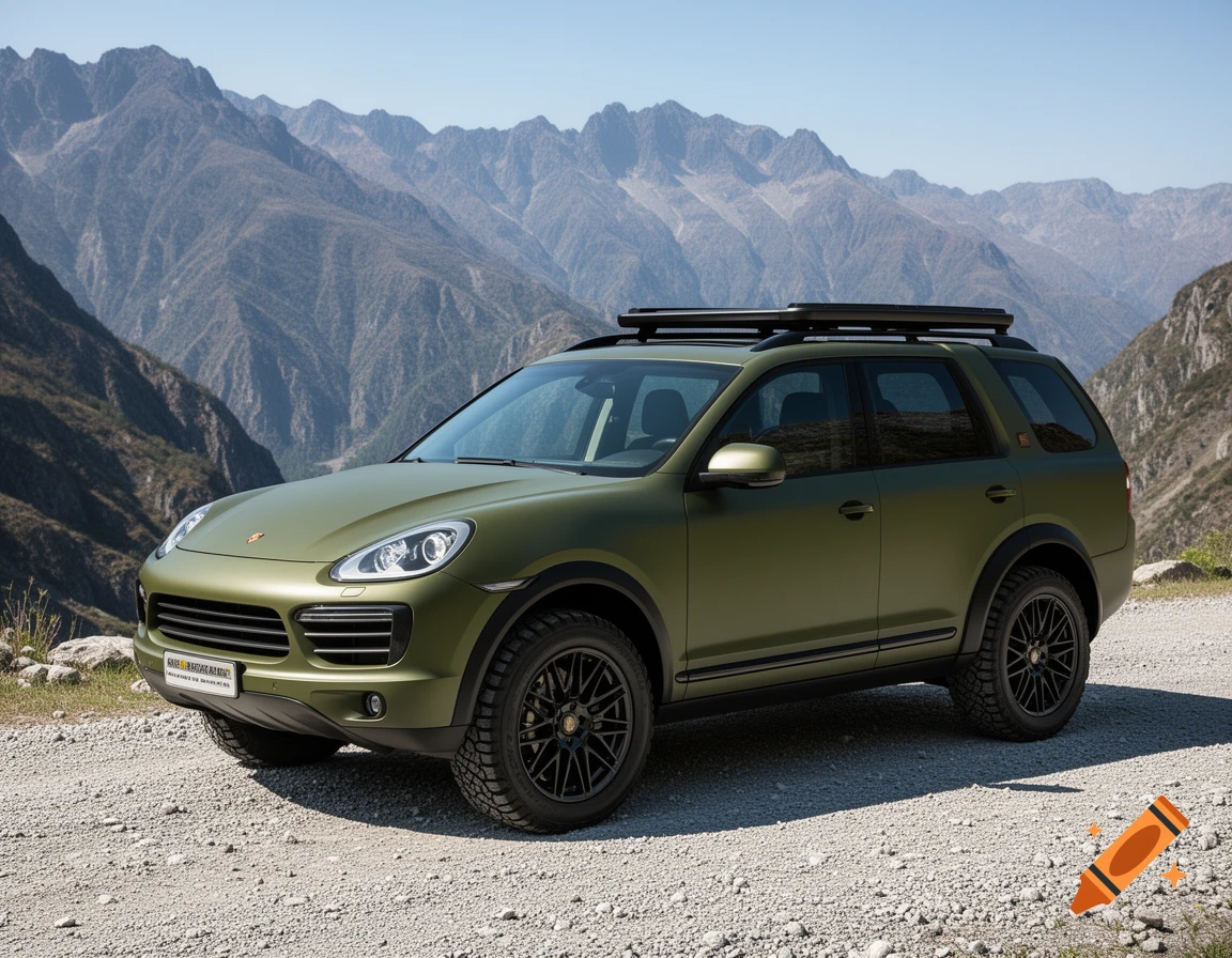 An olive green custom Porsche Cayenne SUV with a roof rack and off-road tires, parked on a gravel road in a mountain range.