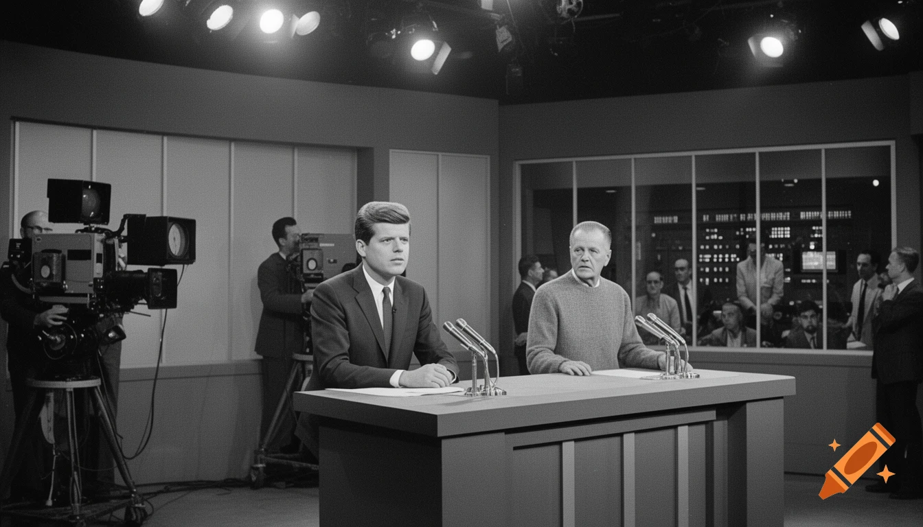 Black and white photorealistic image of John F. Kennedy and another man at a 1960s TV debate.
