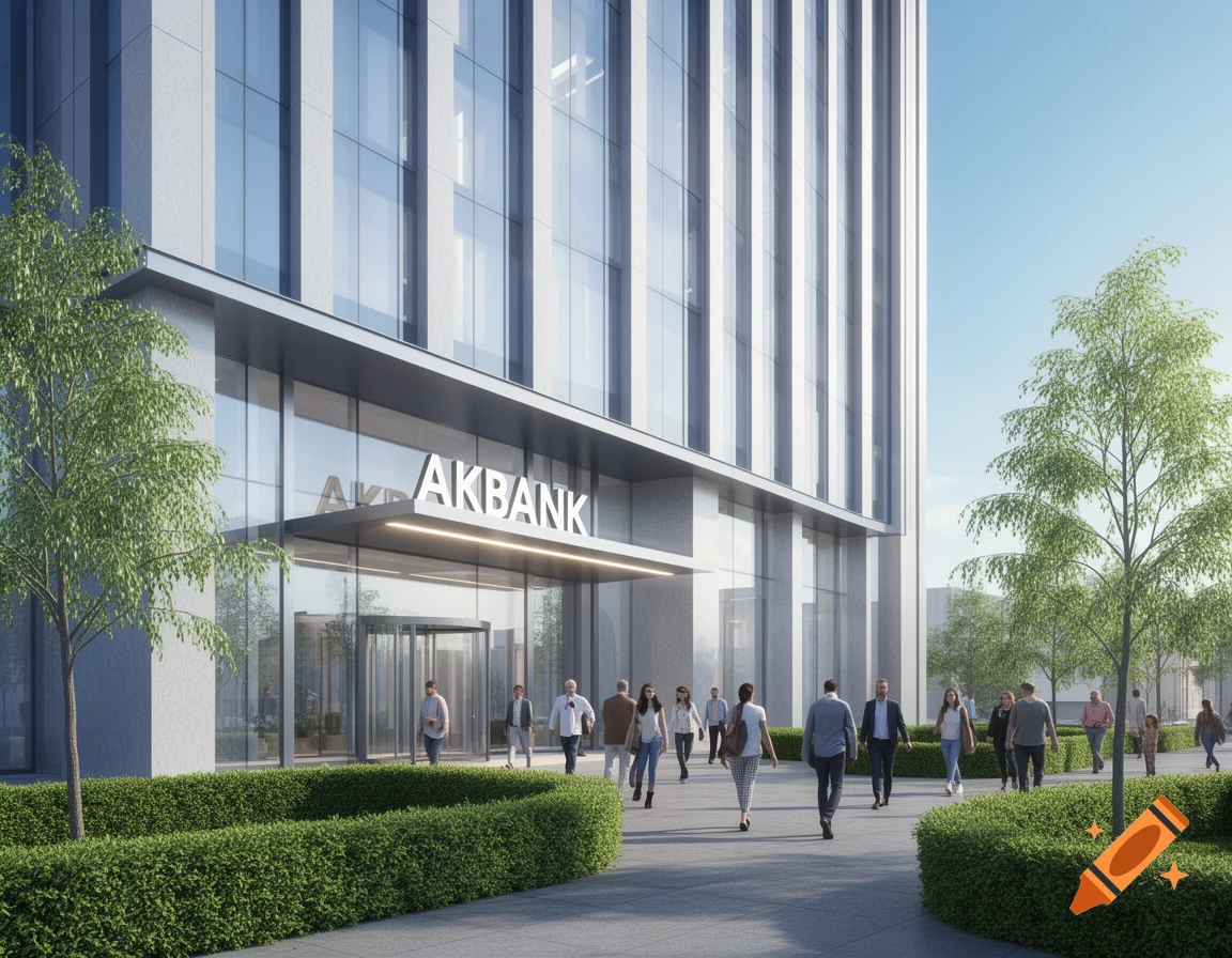Photorealistic exterior view of a modern Akbank building with people walking towards its entrance, flanked by trees and bushes.