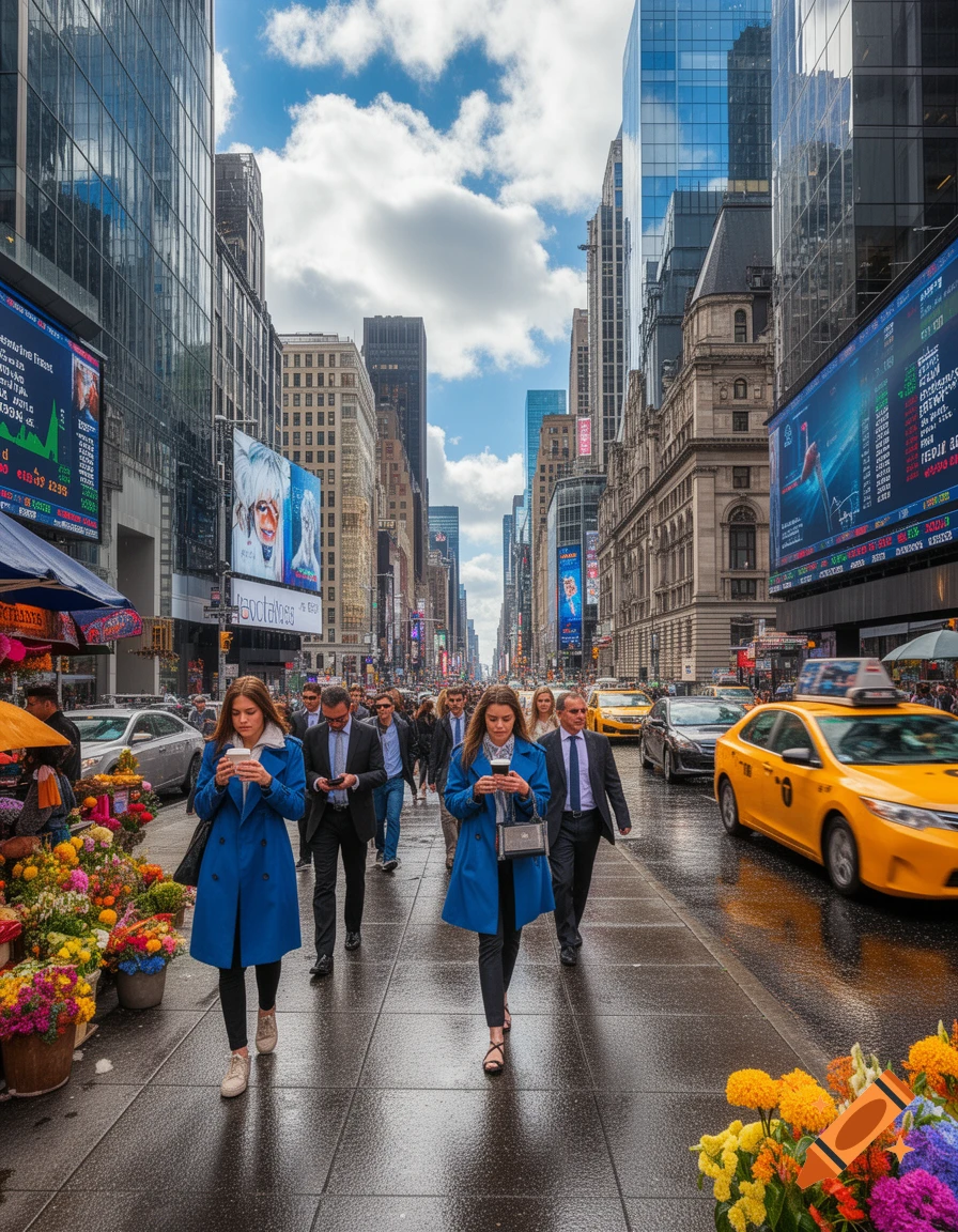 Photorealistic image of a busy city street with tall buildings, yellow taxis, and pedestrians, two women in blue coats walking in the foreground with flower stands to the side.