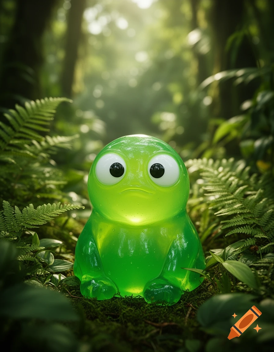 A glowing, translucent green, frog-like creature with big eyes sits on moss in a lush, sun-dappled forest.