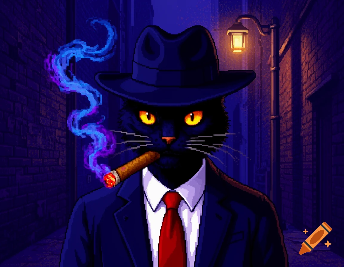 A pixel art black cat detective in a fedora and suit smokes a glowing cigar with blue smoke in a dark alley.