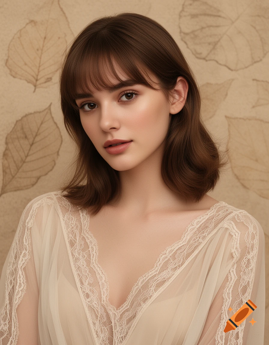 A photorealistic portrait of a young woman with brown hair and bangs wearing a sheer lace top, against a beige background with leaf patterns.