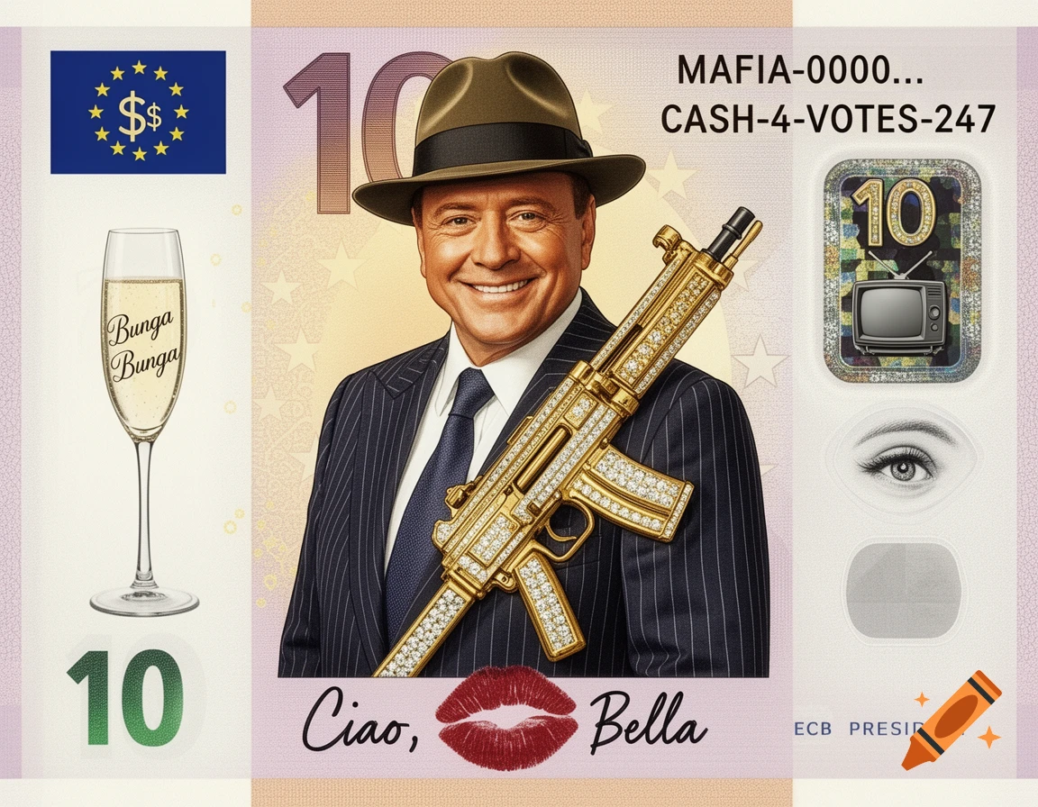 A satirical 10 Euro banknote design featuring a smiling Silvio Berlusconi in a pinstripe suit and fedora, holding a diamond-encrusted gold Uzi. It includes a champagne glass with 'Bunga Bunga', a kiss mark with 'Ciao, Bella', and a serial number 'MAFIA-0000... CASH-4-VOTES-247'.