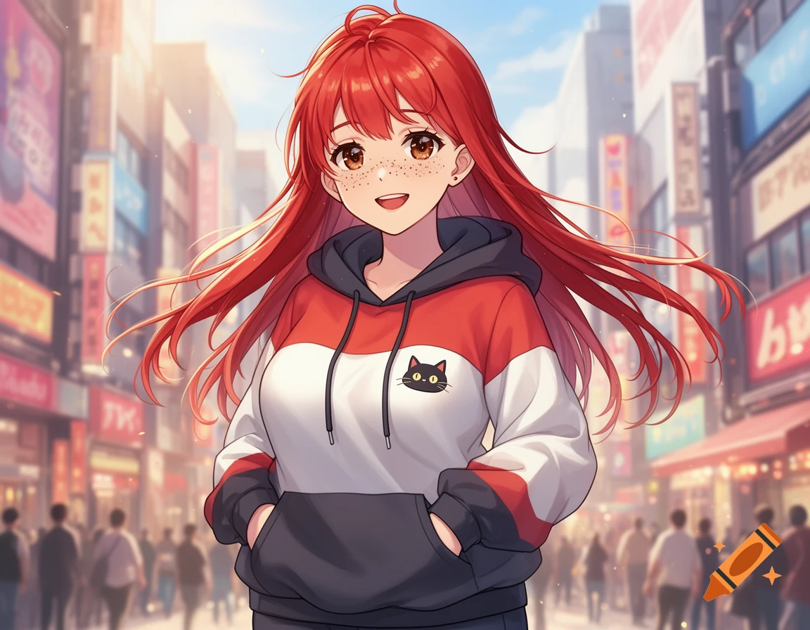 Anime girl with long red hair and freckles, wearing a red, white, and black hoodie with a black cat emblem, smiling in a bustling city street.