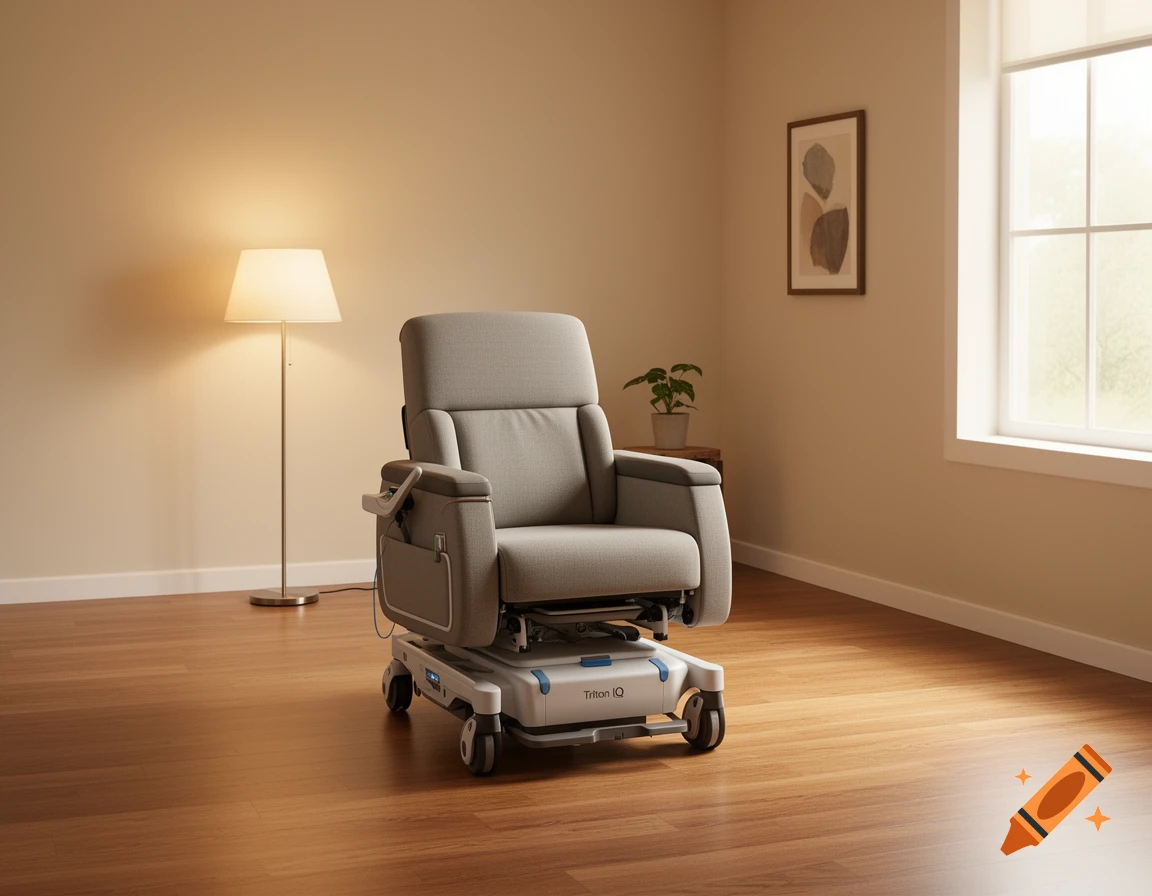 A modern, grey medical recliner chair on wheels with 'Triton IQ' labeled, sits in a brightly lit room with wooden floors, a floor lamp, and a window.