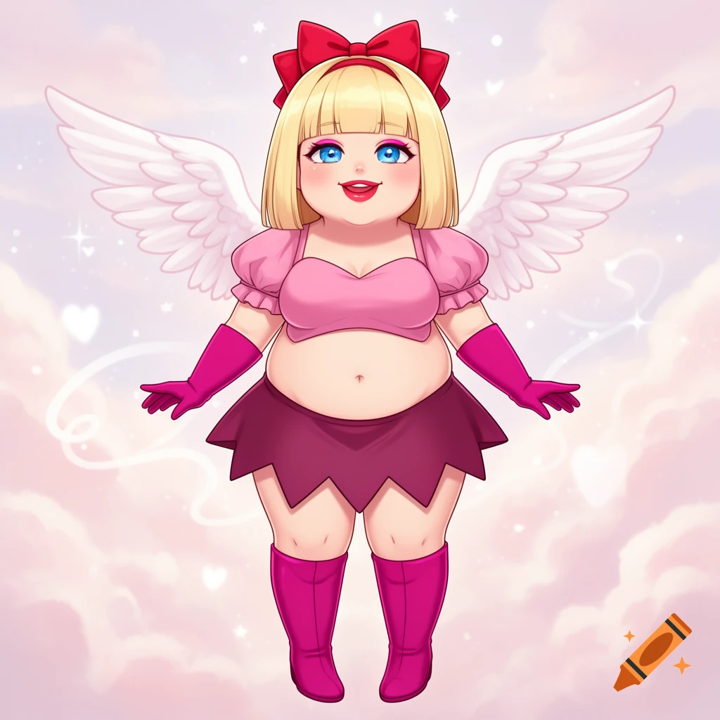 A cartoon chubby female character with blonde hair, a red bow, and angel wings, wearing a pink top, fuchsia gloves, a dark pink skirt, and boots, floating in a pink cloudy sky with hearts.