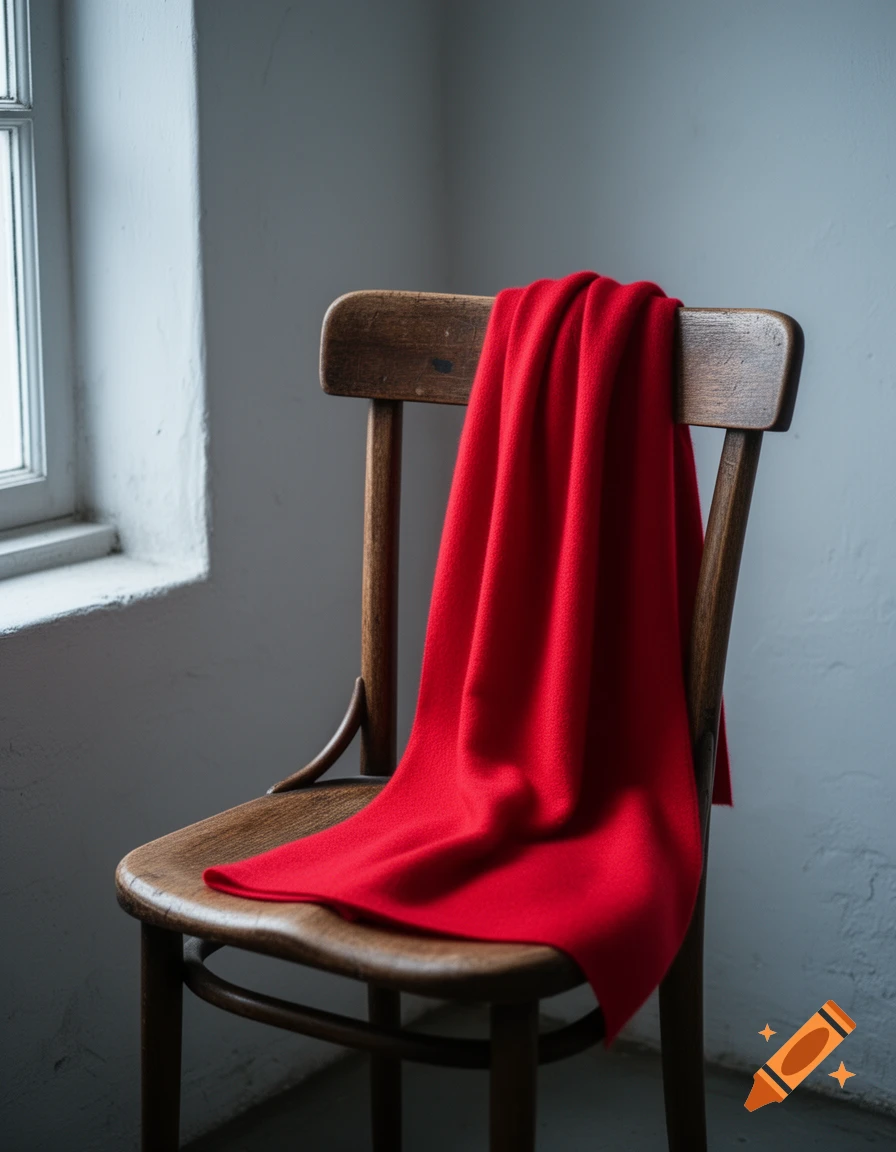 Vibrant red scarf draped over an antique wooden chair by a window, against a light gray wall.